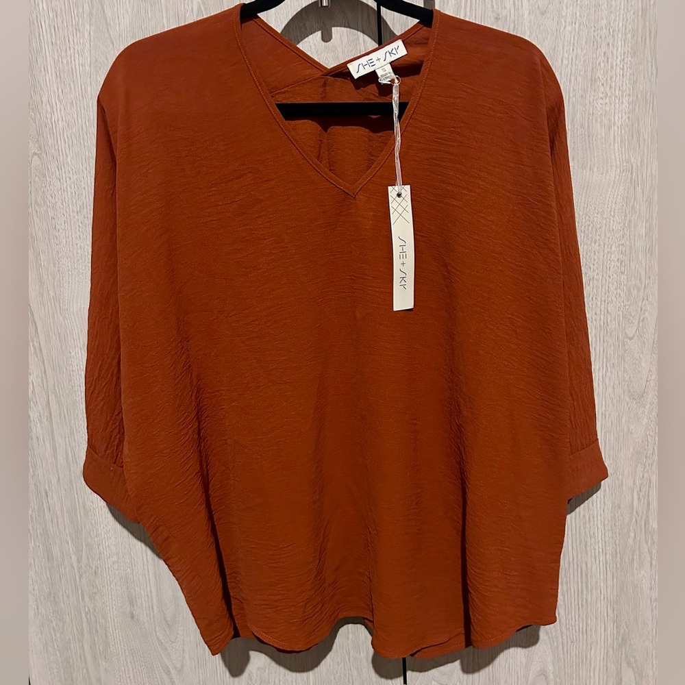 SHE+SKY V-neck, Dolman Sleeve blouse - Burnt Orange - Small
